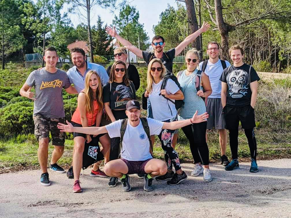 Travel group posing at a destination