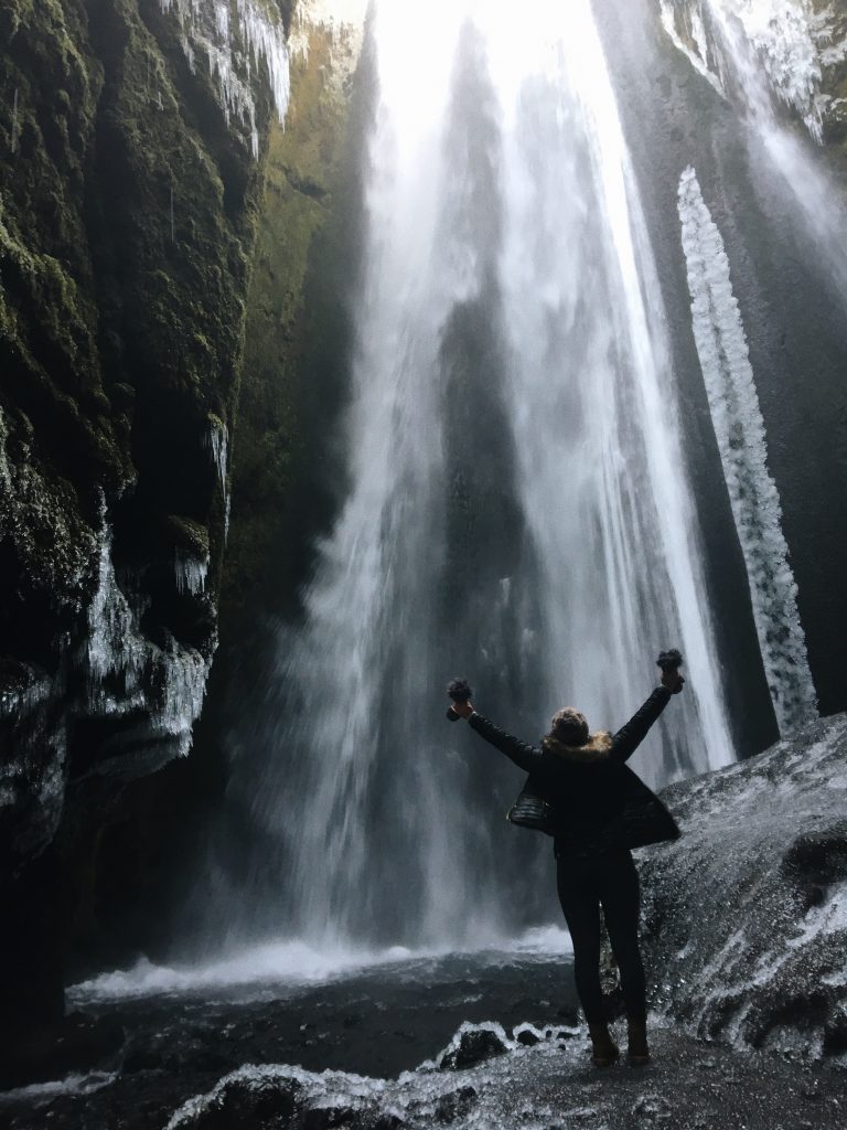 Gljúfrabúi is a hidden waterfall in a cave by Seljalandsfoss