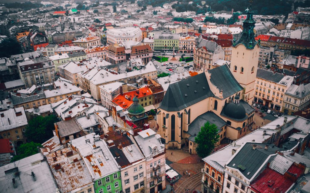 Ukraine during the winter time of a city view