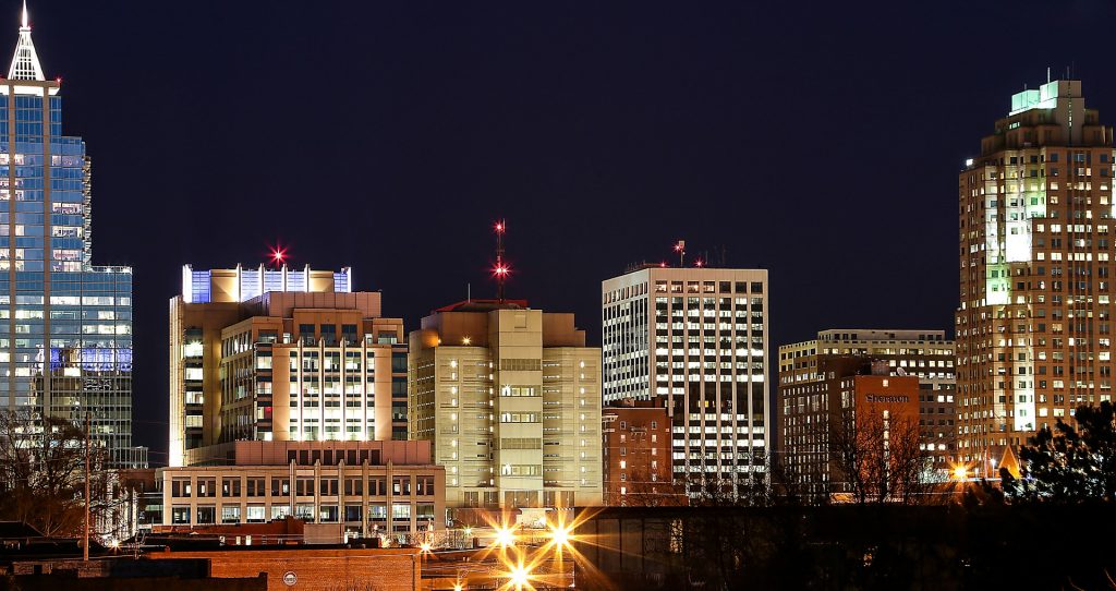 A city view of Raleigh in North Carolina in the evening