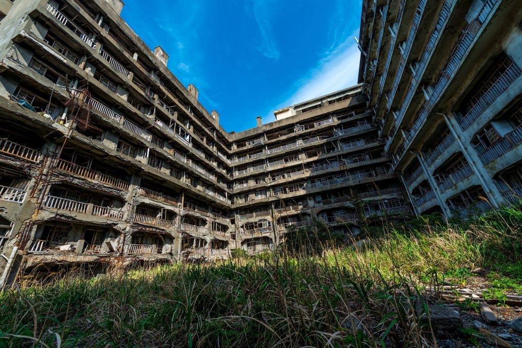 a view of the abandoned buildings on Hashima Island.