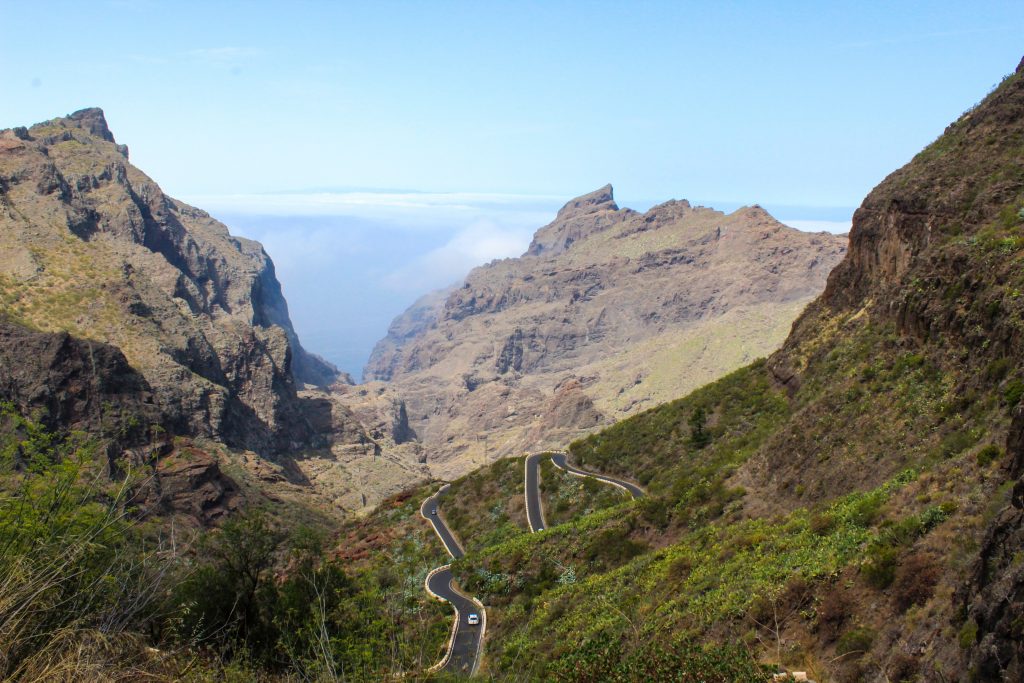 A landscape view of Tenerife in Spain with the roads in the mountains.