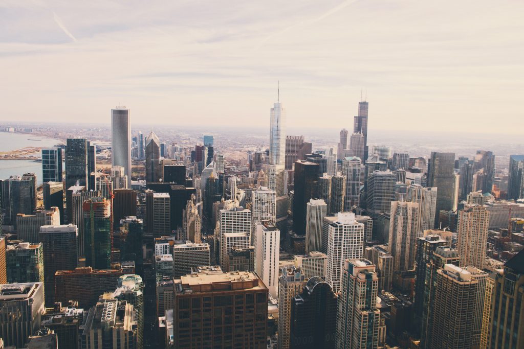 A city view of Chicago with high skyscrapers.