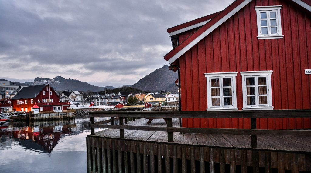 Colorful houses in the Lofoten Islands in Norway on a cloudy day