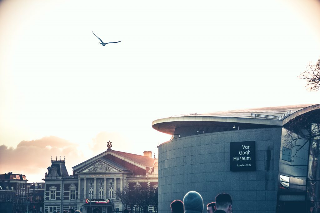 Art museum in city at sunset