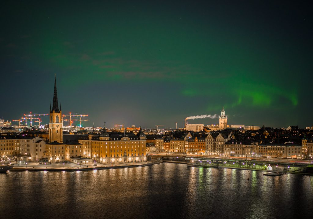 Sweden Stockholm with the northern lights in the sky