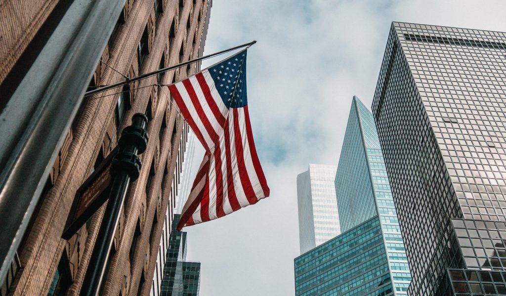 A flag of USA in New York as they are considering to reopen borders to European travelers