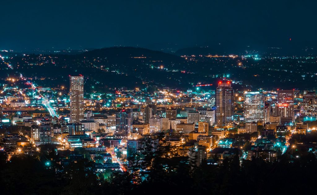 A view of Portland, Oregon in America during the night