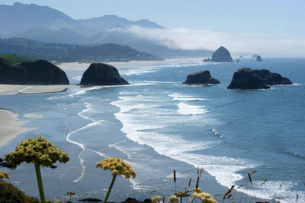 The Cannon Beach coastline on a clear day