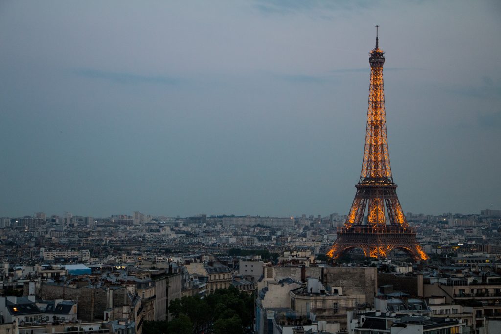 The Eiffel Tower and city of Paris at nightfall