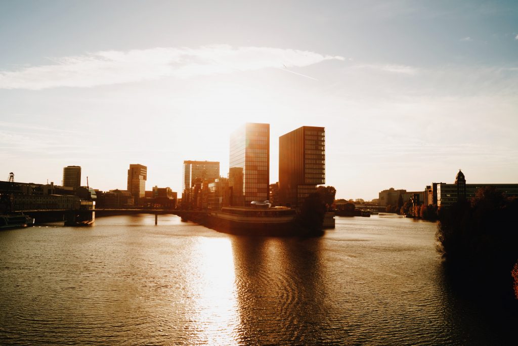 A view of Dusseldorf buildings with a brown tint