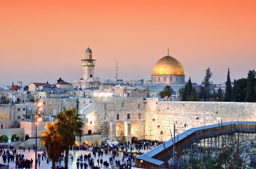 Skyline of the Old City at he Western Wall and Temple Mount in Jerusalem, Israel.