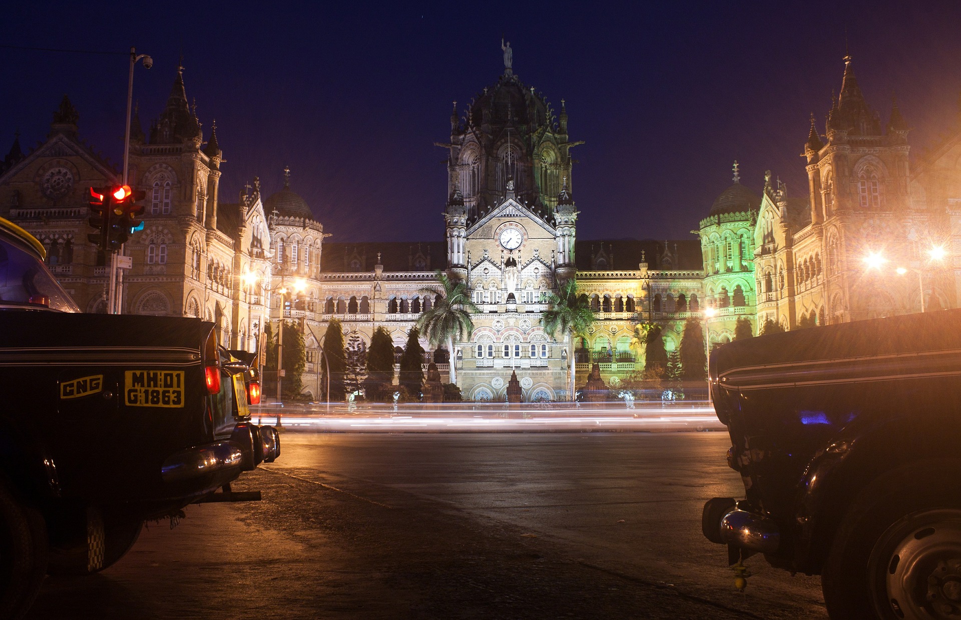 Massive Victorian train station in Mumbai at night