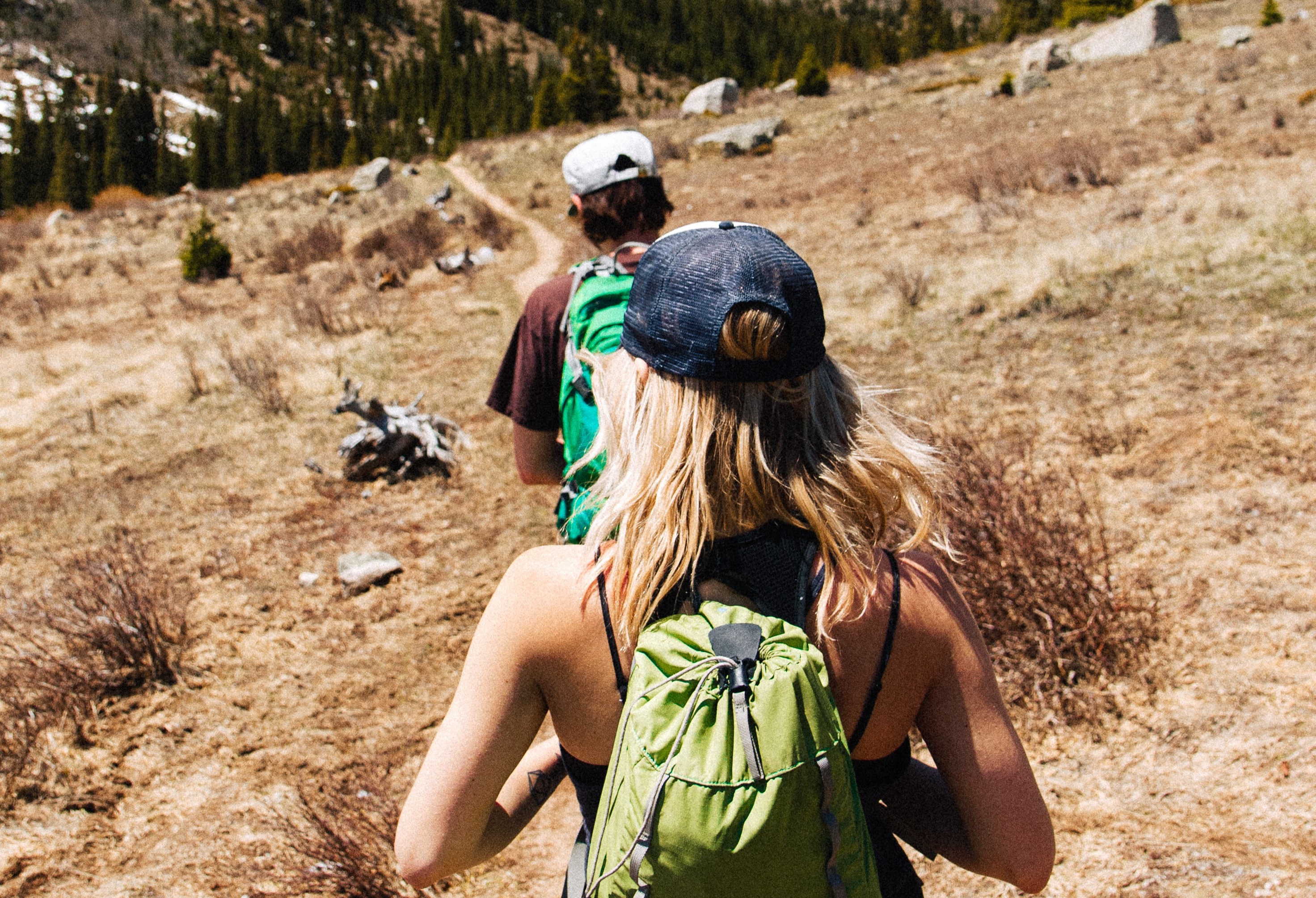 Two travelers walking in the middle of nature.