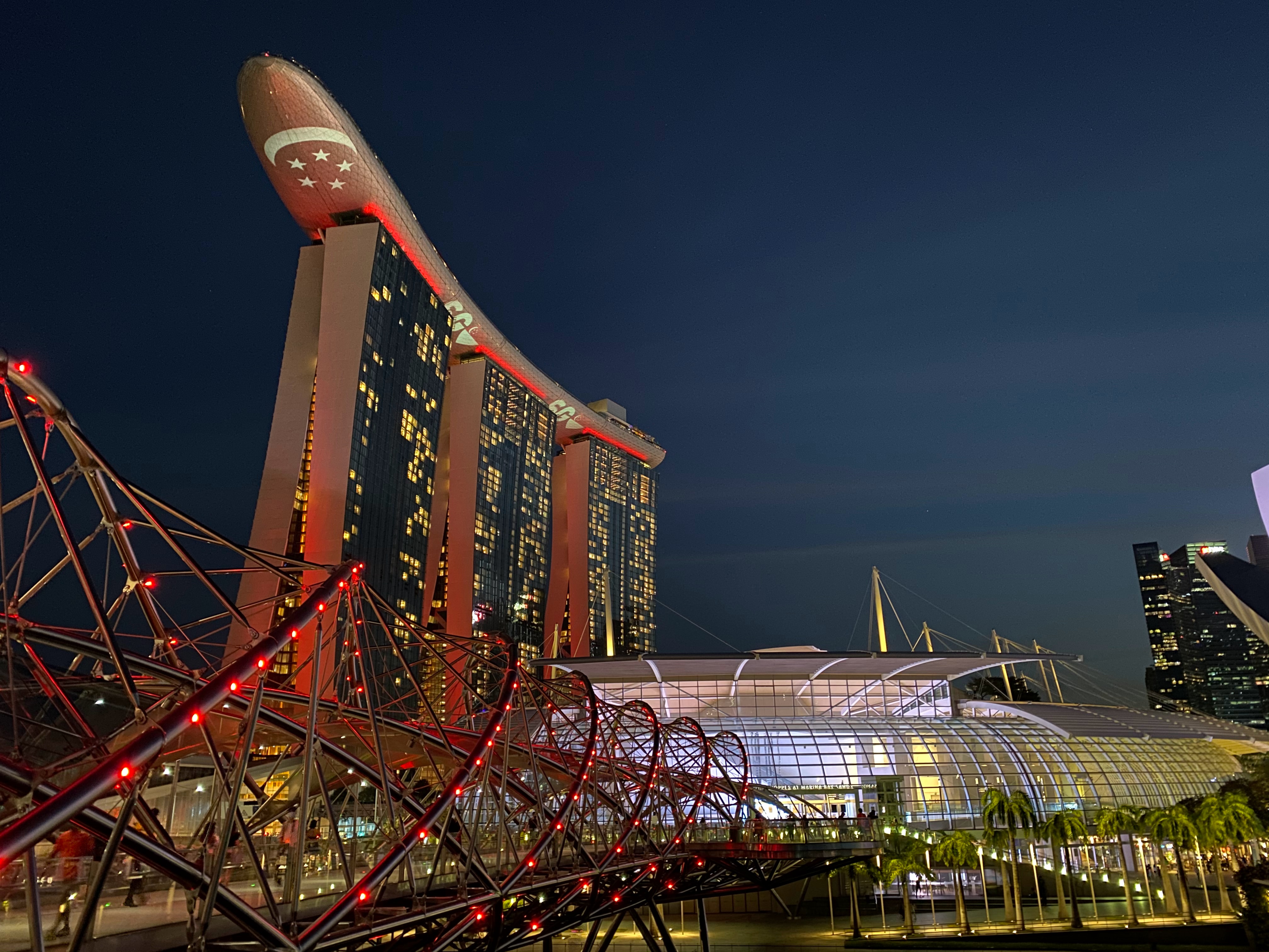 Modern structures at night in Singapore