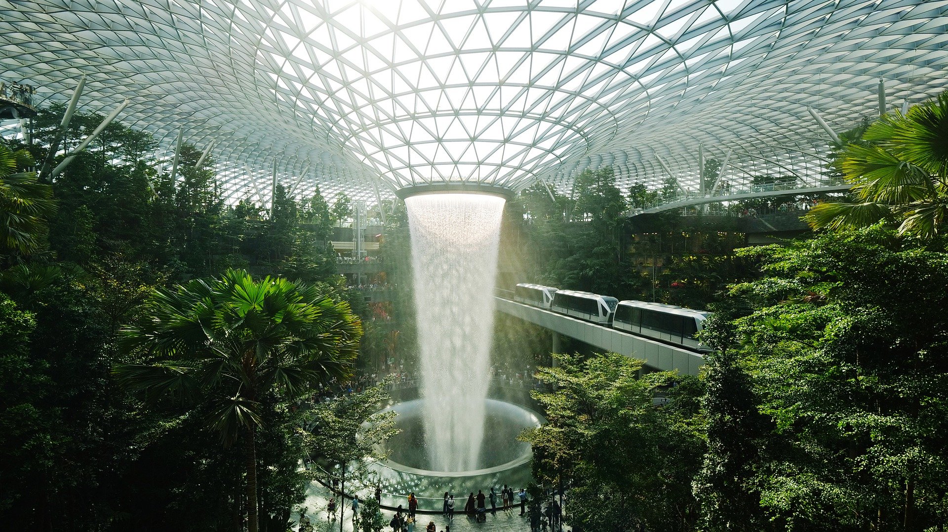 A funnel waterfall surrounded by lots of greenery at the Singapore Airport