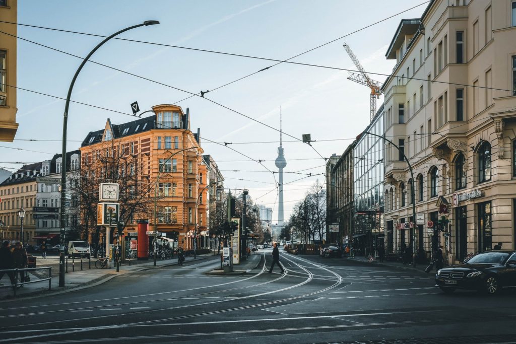 Middle of Berlin with roads and tram electricity lines. Berlin is a great destination for a brewery crawl, a good alternative for Oktoberfest 2020