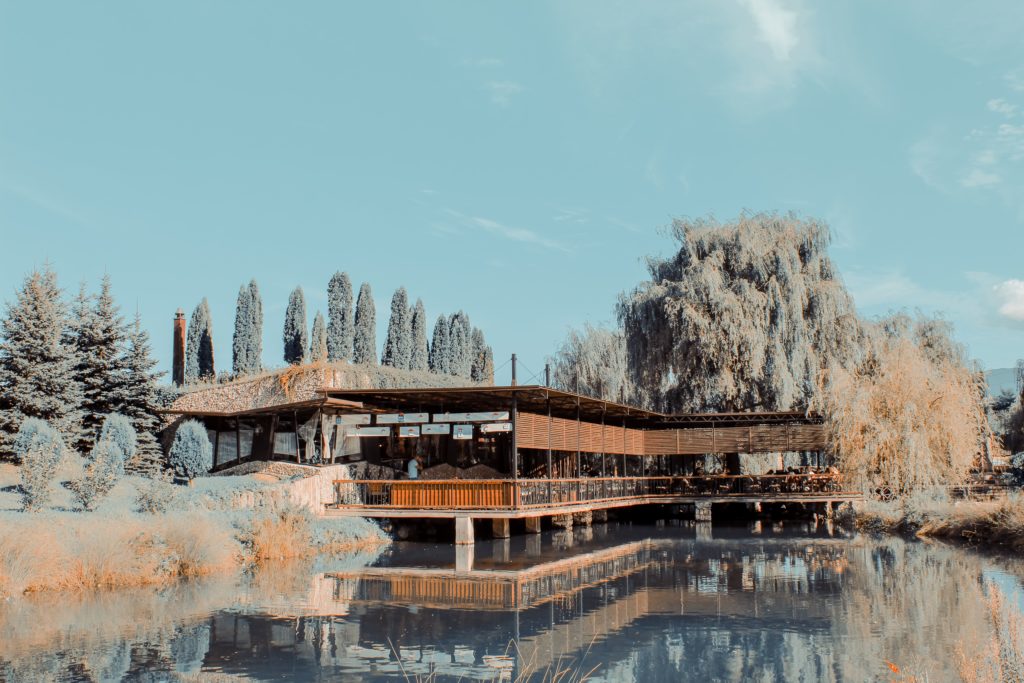 a house sat on a lake with plants around it and blue skies 