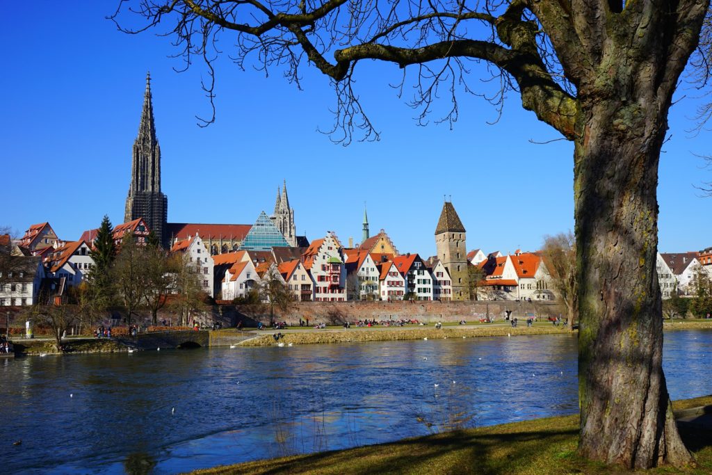 a shot of the city Ulm by a river 