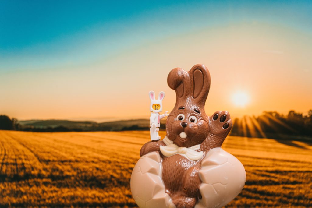 Easter bunny made of chocolate with a face mask surrounded by colorful Easter eggs on green grass