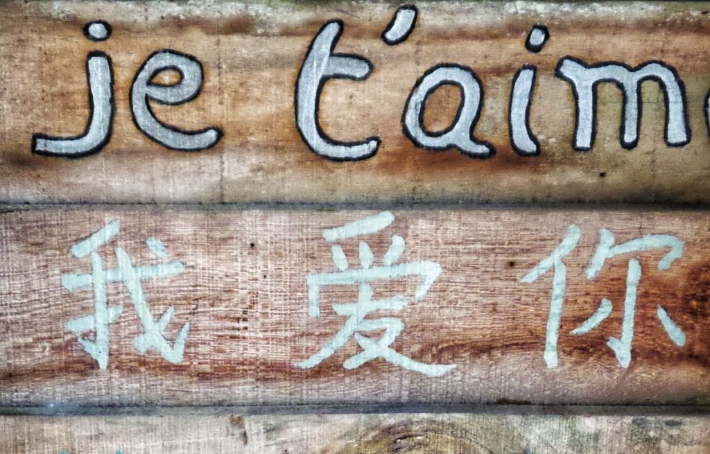 The words I love you written in French and Chinese on a wooden board