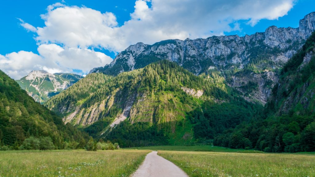 A pathway surrounded by greenrery and Austrian mountains, where Austria is top hiking trail 